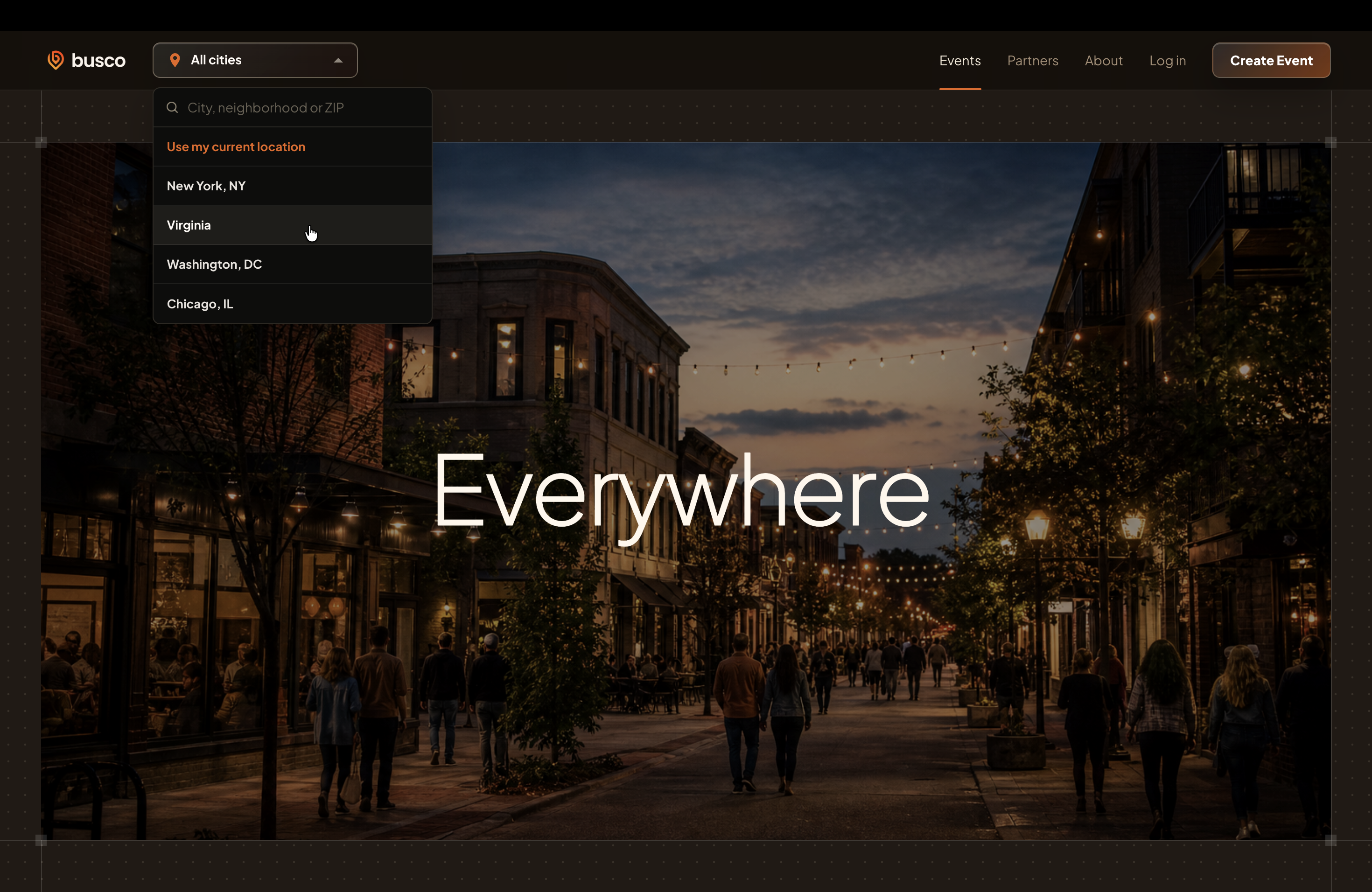 Busco opens on All cities, with optional current-location access and a list of suggested locations