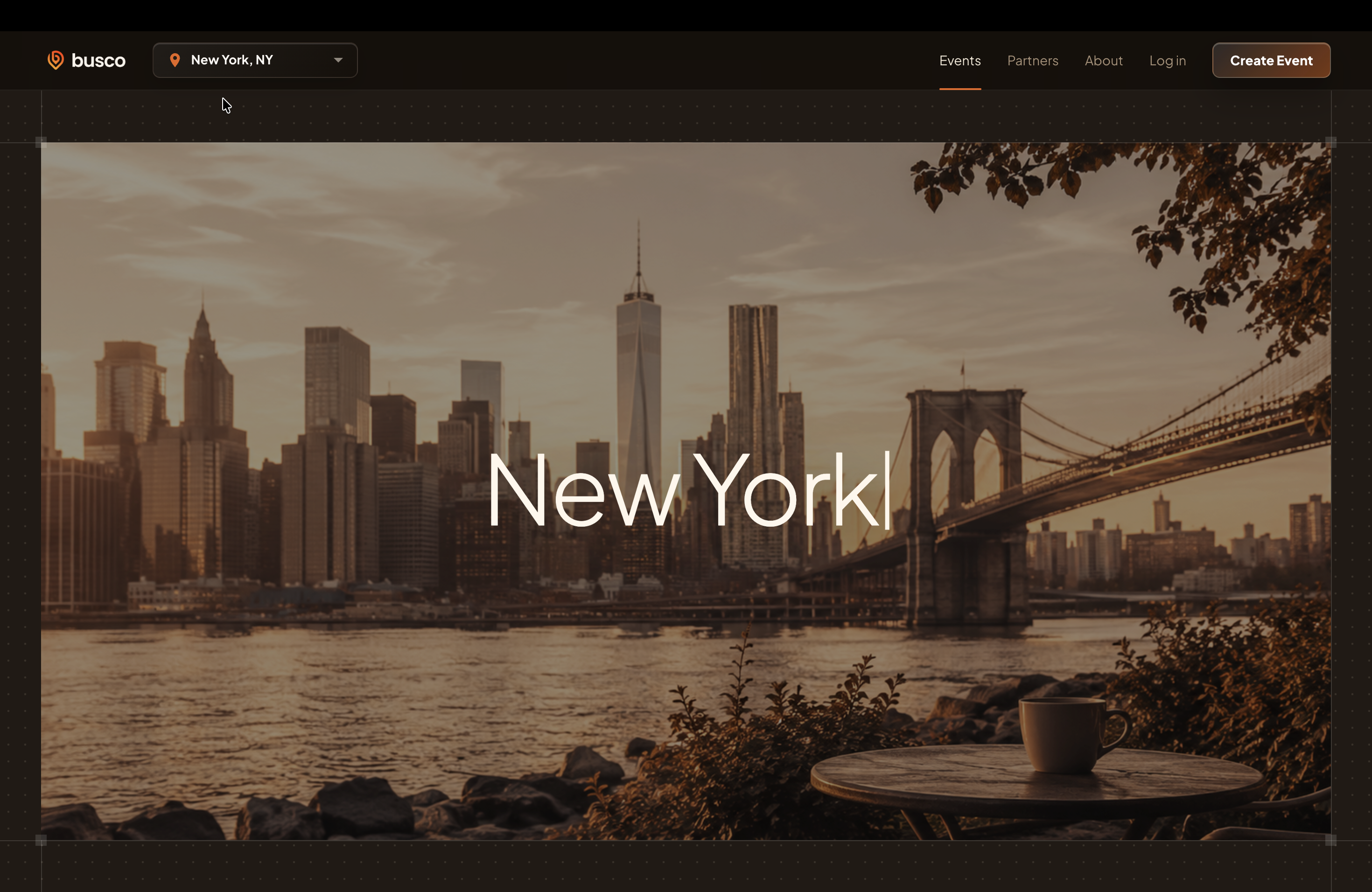 Busco’s live consumer website with event discovery and a city-led hero
